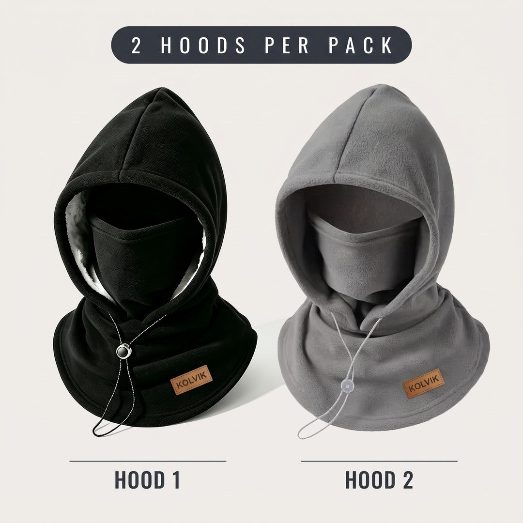 Two Kolvik sherpa hoods, black and dark gray, two hoods per pack