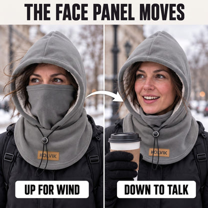 Face panel up for wind and down to talk