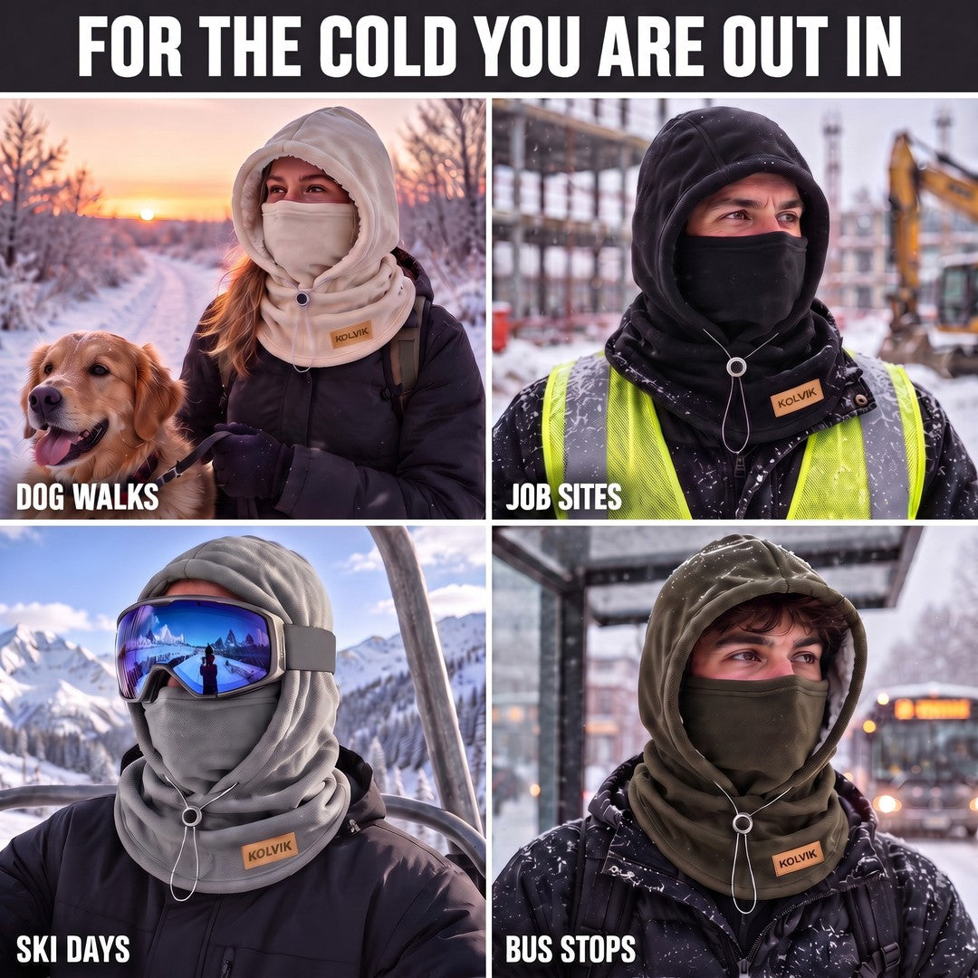 Kolvik hoods on dog walks, job sites, ski days and bus stops